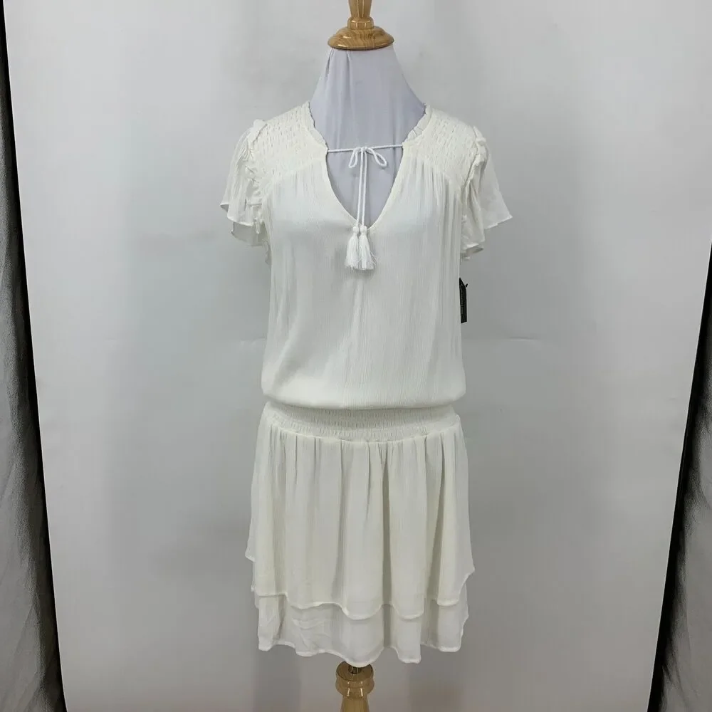 Tart Collections Smocked Waist Dress Womens M Medium White Tassel V Neck Lined